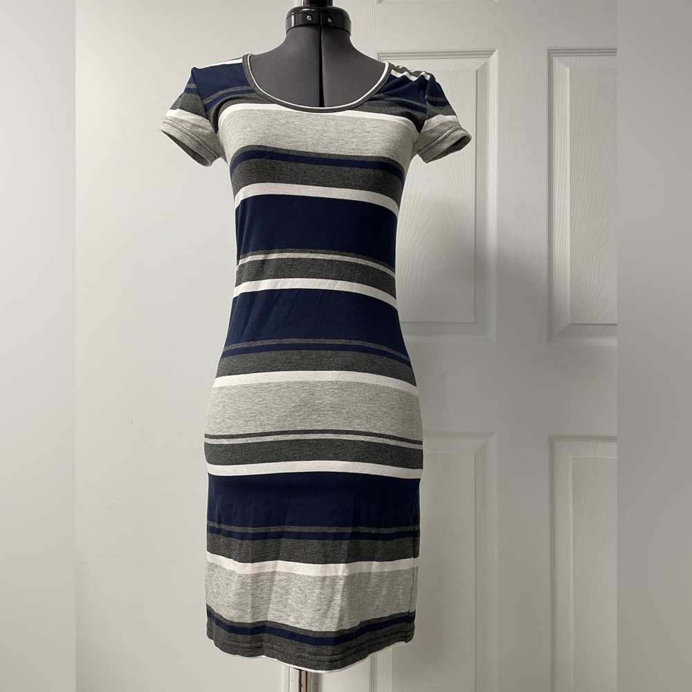 Le Chateau Striped White, Navy and Gray Women's Dress XS NWT